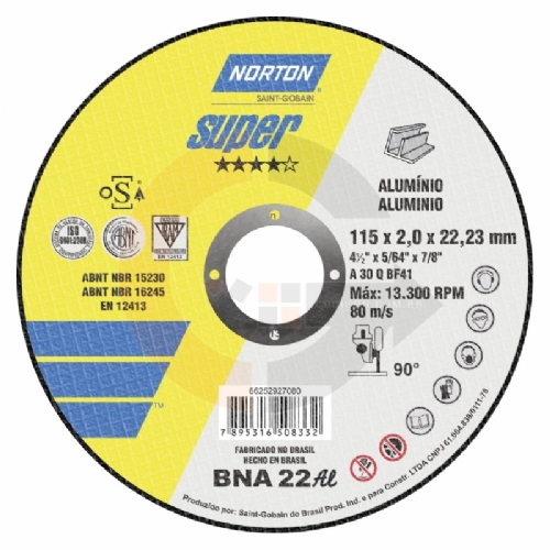 Disco de corte Super Alumínio 4.1/2 pol. x 2.0mm BNA 22 Norton Disco de corte Super Alumínio 4.1/2 pol. x 2.0mm BNA 22 Norton