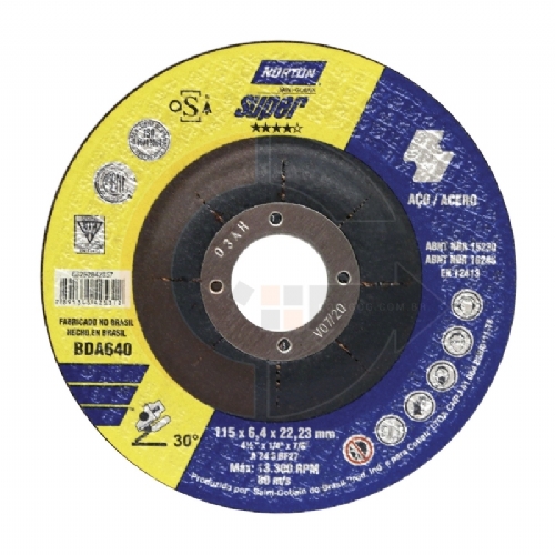 Disco de desbaste Super Aços 4.1/2 pol. x 6.4mm BDA 640 Norton Disco de desbaste Super Aços 4.1/2 pol. x 6.4mm BDA 640 Norton