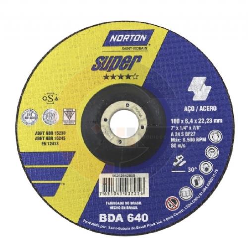 Disco de desbaste Super Aços 7 pol. x 6.4mm BDA 640 Norton Disco de desbaste Super Aços 7 pol. x 6.4mm BDA 640 Norton
