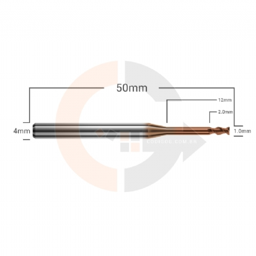 Ampliar foto Fresa Long Neck 1.0 x 12mm 2 cortes topo reto Metal Duro HRC55 cobertura Altisin Ampliar foto Fresa Long Neck 1.0 x 12mm 2 cortes topo reto Metal Duro HRC55 cobertura Altisin