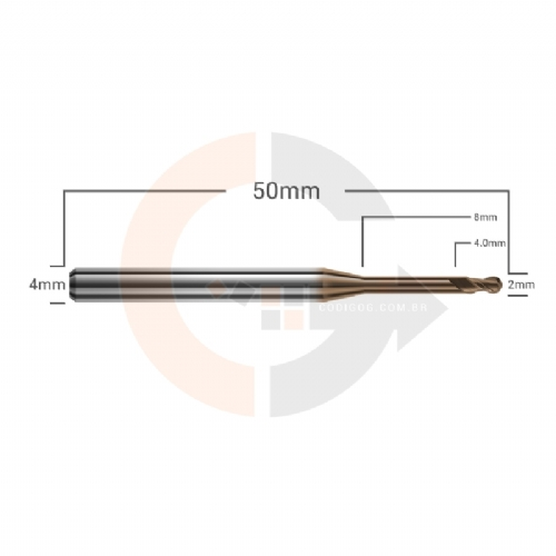 Ampliar foto Fresa Long Neck 2.0 x 8mm 2 cortes topo esferico Metal Duro HRC55 cobertura Altisin Ampliar foto Fresa Long Neck 2.0 x 8mm 2 cortes topo esferico Metal Duro HRC55 cobertura Altisin