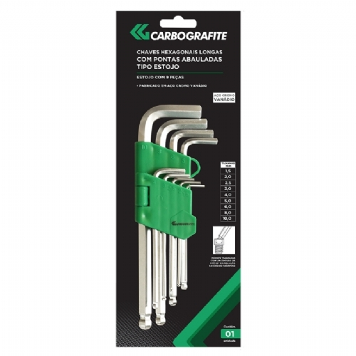 Chave Hexagonal Longa e Abaulada jogo com 9 pecas de 1.5mm a 10mm Carbografite Chave Hexagonal Longa e Abaulada jogo com 9 pecas de 1.5mm a 10mm Carbografite