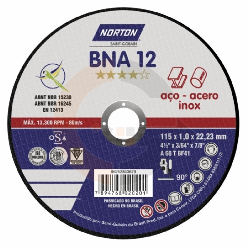 Disco de corte para Inox 115 x 1.0 x 22.23mm - BNA 12 Norton Disco de corte para Inox 115 x 1.0 x 22.23mm - BNA 12 Norton