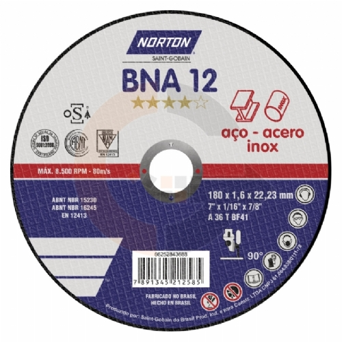 Disco de corte para Inox 180 x 1.6 x 22.23mm - BNA 12 Norton