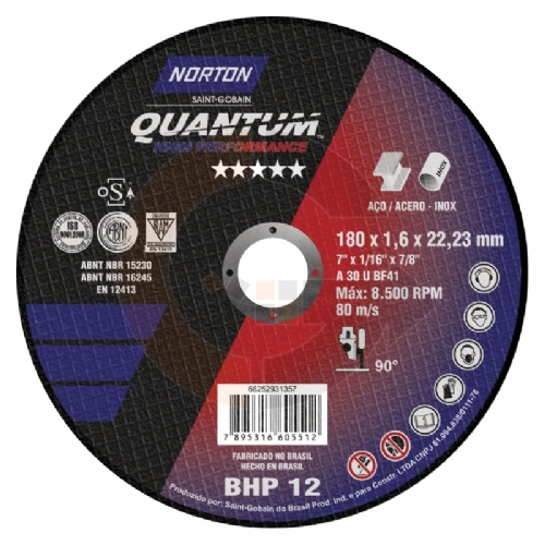 Disco de corte Quantum 180 x 1.6 x 22.23mm -  BHP 12 Norton